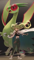 1girl 1other absurdres bandaged_arm bandages brown_cape cape claws commentary crocs crop_top double_bun dragon dragon_wings fangs floating_hair flygon gen_3_pokemon gloves great_ball green_hair green_wings ground_miku_(project_voltage) hair_bun hatsune_miku highres long_hair looking_at_viewer midriff nintendo orange_eyes pants poke_ball pokemon pokemon_(creature) project_voltage sand shedar single_glove smile twintails very_long_hair vocaloid white_footwear wings