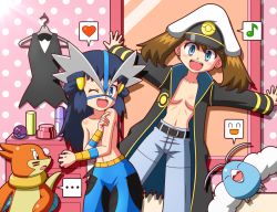 between_breasts breasts breasts_apart buizel coat cosplay covering_breasts covering_privates crasher_wake dawn_(pokemon) drake_(pokemon) drake_(pokemon)_(cosplay) elite_four gen_3_pokemon gen_4_pokemon may_(pokemon) naked_coat nintendo noodle_arms pokemon rorretsim small_torso swablu topless_female