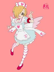 1girl apron black_eyes blonde_hair blue_dress commentary_request cosplay dress full_body hair_over_one_eye hat heart highres idolmaster idolmaster_cinderella_girls illust_audio looking_at_viewer nurse nurse_cap open_mouth pill pink_background shirasaka_koume short_hair short_sleeves sketch smile solo striped_clothes striped_thighhighs thighhighs v white_apron wings wrist_cuffs yumemi_riamu yumemi_riamu_(cosplay)