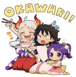 Rule 34 | 1boy, 2girls, absurdres, black hair, blue hair, blush, bowl, chewing, chopsticks, closed eyes, commentary request, eyelashes, gradient hair, highres, hk hr05, holding, holding bowl, holding chopsticks, horns, japanese clothes, kimono, kouzuki momonosuke, kurozumi tama, long hair, medium hair, multicolored hair, multiple girls, one piece, open mouth, parted bangs, pink kimono, purple eyes, purple hair, sash, seiza, short hair, simple background, sitting, teeth, two-tone hair, upper teeth only, white background, white hair, yamato (one piece)