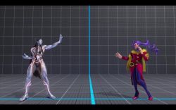 3d 6+boys 6+girls animated ass battle black_hair breasts cleavage crossed_arms energy evil_smile female_seth_(street_fighter) fighting_stance fire jumping long_hair looking_back markings multiple_boys multiple_girls neon_trim punching shiny_skin smile sound spanked spanking street_fighter street_fighter_v upper_body very_long_hair video yellow_eyes yin_yang