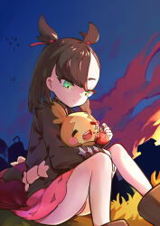 1girl absurdres backpack bag bird black_hair black_jacket black_nails blue_sky boots closed_mouth dress eating food food_on_face gen_8_pokemon grass green_eyes hair_ribbon highres holding holding_food holding_pokemon jacket looking_down marnie_(pokemon) morpeko morpeko_(full) nintendo orion_(user_cayz7348) pink_dress pokemon pokemon_(creature) pokemon_swsh ribbon sitting sky thighs twintails