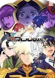amate_yuzuriha aqua_shirt aqua_skirt beard bindi black_hair blonde_hair blue_hair blush breasts challia_bull char_aznable closed_mouth collared_shirt colored_inner_hair comoli_harcourt dark-skinned_female dark_skin double_bun epaulettes facial_hair forehead gundam gundam_gquuuuuux hair_bun helmet highres jacket lalah_sune long_hair long_sleeves looking_at_viewer mecha_pilot_suit military military_uniform mole mole_under_eye mole_under_mouth multicolored_hair multiple_boys multiple_girls mustache necktie normal_suit_(gundam) nyaan_(gundam_gquuuuuux) open_mouth purple_hair red_hair red_jacket school_uniform science_fiction shirt short_hair shuji_ito skirt smile sweater tank_top two-tone_hair white_shirt xavier_olivette yellow_eyes yy_shibata zeon