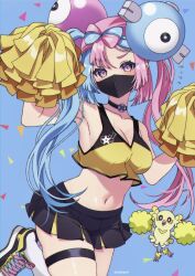 1girl @_@ alternate_costume alternate_hairstyle armpits bare_shoulders black_choker black_skirt blue_background blue_hair blush bow-shaped_hair breasts character_hair_ornament cheerleader choker cleavage commentary_request game_freak gen_7_pokemon hair_ornament highres iono_(pokemon) leg_up long_hair looking_at_viewer mask midriff mouth_mask multicolored_hair navel nintendo oricorio oricorio_(pom-pom) pink_eyes pink_hair pokemon pokemon_(creature) pokemon_sv pom_pom_(cheerleading) popo_(popopuri) shirt skirt sleeveless sleeveless_shirt socks tank_top teeth thigh_strap twintails twitter_username two-tone_hair white_socks yellow_shirt