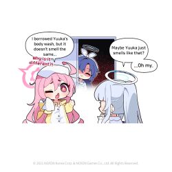 3girls blue_archive breast_pocket chibi closed_eyes closed_mouth commentary donmin_h english_commentary english_text fang grey_hair halo hands_up hood hood_down koyuki_(blue_archive) koyuki_(pajamas)_(blue_archive) long_sleeves looking_at_another multiple_girls no_nose noa_(blue_archive) noa_(pajamas)_(blue_archive) official_art pajamas peeking_out pink_eyes pink_hair pink_halo pocket ponytail puffy_long_sleeves puffy_sleeves purple_hair shaded_face single_hair_intake skin_fang sparkling_eyes speech_bubble yuuka_(blue_archive) yuuka_(pajamas)_(blue_archive)