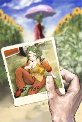1girl 1other alternate_costume alternate_hairstyle ascot blurry blurry_background blush breasts car cleavage closed_mouth collared_shirt colored_eyelashes commentary_request flower garden_of_the_sun grass green_hair highres hippie holding holding_photo kazami_yuuka large_breasts motor_vehicle on_ground open_clothes open_shirt open_vest orange_pants orange_vest pants parted_bangs photo_(object) pink_umbrella pov pov_hands red_eyes red_shoes red_vest shirt shoes short_hair solo sukkiri_place sunflower touhou umbrella undone_ascot vest wavy_hair yellow_ascot yellow_flower yellow_shirt