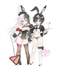 2girls absurdres animal_ears black_hair blood breasts cleavage_cutout clothing_cutout cocktail_glass commentary commission cropped_jacket cup drinking_glass fake_animal_ears flat_chest grey_eyes highres holding holding_sign holding_tray jitome kichiko_(ryu10855) large_breasts long_hair long_sleeves looking_at_viewer lowleg lowleg_panties multicolored_hair multiple_girls navel necktie original panties pear-shaped_figure petite pink_blood rabbit_ears rabbit_tail shiny_skin short_hair shortstack sign simple_background skindentation split-color_hair tail thighhighs tray underwear very_long_hair white_background white_hair white_thighhighs