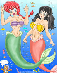 10s 2012 2girls animal april ariel_(disney) ariel_(disney)_(cosplay) bikini bikini_top_only black_hair blue_eyes braid breasts bubble cat cleavage collarbone commission cosplay crossover dated disney diving_helmet fish glasses green_eyes helmet highres kimbawest kimbawest_(character) large_breasts long_hair looking_at_another looking_at_viewer melody_(disney) melody_(disney)_(cosplay) mermaid monster_girl multiple_girls navel ocean open_mouth orange_fur original oxygen_tank purple_bikini ranma-chan ranma_1/2 red_hair red_lips red_nails saotome_ranma seahorse shell shell_bikini single_braid smile speech_bubble squid star_(symbol) supergeorgesapiens swimming swimsuit the_little_mermaid_(disney) thought_bubble tongue tongue_out underwater water yellow_bikini