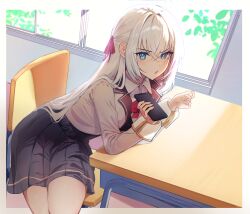 Rule 34 | 1girl, absurdres, ahoge, alisa mikhailovna kujou, black skirt, bloom muchi, blue eyes, bow, bowtie, cellphone, chair, desk, grey hair, grey jacket, hair ribbon, highres, holding, holding phone, indoors, jacket, lapels, long hair, looking at viewer, notched lapels, on chair, phone, red bow, red bowtie, red ribbon, ribbon, school chair, school desk, school uniform, seiren academy school uniform, skirt, smartphone, solo, tokidoki bosotto roshia-go de dereru tonari no alya-san, window