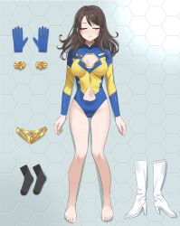 1girl belt blue_gloves blue_leotard boots bracelet breasts brown_hair cleavage_cutout closed_eyes clothing_cutout commentary_request commission elbow_gloves gloves gold_belt gold_bracelet highres jewelry leona_(taiyou_no_senshi_leona) leotard long_hair lying medium_breasts multicolored_leotard navel_cutout on_back parted_lips pixiv_commission shimouki_izui socks solo superhero_costume taiyou_no_senshi_leona two-tone_leotard unworn_belt unworn_boots unworn_bracelet unworn_gloves unworn_socks variant_set white_boots yellow_leotard