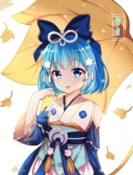 1girl bare_shoulders blue_bow blue_eyes blue_hair blush bow detached_sleeves falling_leaves female_focus flat_chest hair_bow hair_ornament highres leaf looking_at_viewer matching_hair/eyes onmyoji sannio sash short_hair solo tongue tongue_out upper_body white_background wide_sleeves ying_grass
