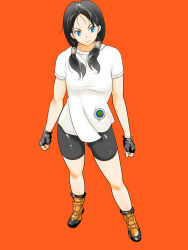 Rule 34 | 1girl, bad id, bad pixiv id, bike shorts, black hair, blue eyes, boots, breasts, dragon ball, dragonball z, female focus, fingerless gloves, full body, gloves, highres, legs, long hair, looking away, red background, s580, simple background, smile, solo, standing, thighs, twintails, videl