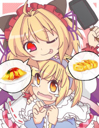 2girls ;p ahoge apron blonde_hair blue_dress capelet cococco_alma commentary_request dress emil_chronicle_online false_smile food frilled_apron frilled_dress frilled_hairband frills frying_pan hair_ornament hair_ribbon hairband holding holding_frying_pan kotowa multiple_girls omelet one_eye_closed partial_commentary pink_dress purple_ribbon red_eyes red_hairband ribbon scared smile tamagoyaki tearing_up tentacle_alma tongue tongue_out twintails white_capelet yellow_eyes