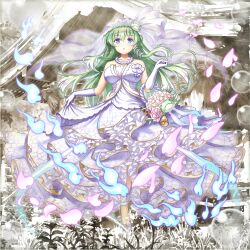 1girl alternate_costume bell breasts bridal_gauntlets bridal_veil building collarbone dress fading falling_petals flower_basket flower_request frilled_dress frills frog_hair_ornament full_body game_cg gloves green_hair hair_ornament highres kochiya_sanae kochiya_sanae_(broken_line_of_forsaken_rites) large_breasts long_hair looking_at_viewer moriya_shrine official_art open_mouth petals pink_petals purple_eyes rotte_(1109) see-through_clothes see-through_veil shoes skirt_hold snake_hair_ornament solo strapless strapless_dress third-party_source touhou touhou_lostword transparent_background veil very_long_hair wedding_dress white_dress white_gloves