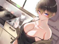1girl absurdres armpit_crease black_camisole black_hair blush breasts brown_hair brown_jacket camisole cleavage collarbone covered_erect_nipples gradient_hair highres holding indoors jacket kitchen large_breasts lens_flare long_sleeves looking_at_viewer multicolored_hair onineko-chan original parted_lips purple_eyes solo standing stove two-tone_hair window