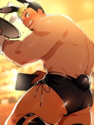 1boy animal_ears bar_(place) bara black_hair black_male_underwear black_pants blurry blurry_background blush briefs cup dark-skinned_male dark_skin drinking_glass embarrassed facial_hair fake_animal_ears fake_tail from_below g-string garter_belt goatee green_eyes green_hair highres holding holding_tray ikusaba_daisuke looking_back male_focus male_underwear multicolored_hair muscular muscular_male open_mouth pants pectorals rabbit_ears rabbit_tail short_hair solo sweat tail thick_thighs thighs thong tokyo_houkago_summoners topless_male tray two-tone_hair underwear wanijima wine_glass wrist_cuffs