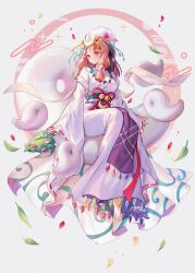 1girl alternate_costume barefoot bell blonde_hair blush breasts commentary crescent falling_leaves falling_petals highres japanese_clothes jewelry jingle_bell kimono leaf long_hair long_sleeves magatama magatama_necklace necklace obi petals rhea_(156latte) ribbon-trimmed_sleeves ribbon_trim sash sitting solo sphere_hair_ornament tamatsukuri_misumaru toes touhou touhou_lostword white_kimono wide_sleeves