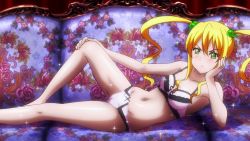 Rule 34 | 1girl, bare arms, bare legs, blonde hair, blush, bra, breasts, closed mouth, collarbone, couch, eyecatch, frown, green eyes, groin, hand on own knee, head rest, highres, himegami kodama, lingerie, long hair, lying, maken-ki!, navel, on back, panties, pink bra, pink panties, sidelocks, small breasts, solo, sparkle, takami akio, twintails, underwear, underwear only