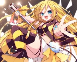 1girl blonde_hair blue_eyes boots cd flapper_shirt highres holding holding_microphone kaho_0102 lily_(vocaloid) long_hair microphone microphone_stand shirt skirt smile thigh_boots thighs vocaloid