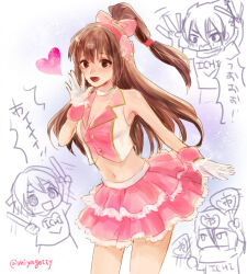 azai_nagamasa breasts brown_eyes brown_hair chibi choker cleavage frilled_skirt frills gloves hair_ribbon heart idol midriff miniskirt navel oichi oichi_(sengoku_musou) otani_yoshitsugu pink_skirt ponytail ribbon sengoku_musou skirt thighs toudou_takatora_(sengoku_musou) vest