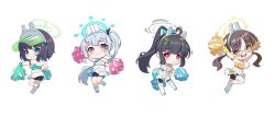 4girls absurdres alternate_costume alternate_hairstyle animal_ears arm_strap arm_up armpits arms_up bare_shoulders bike_shorts black_hair black_shorts blue_archive blue_bow blue_bowtie blue_collar blue_halo blush bow bowtie breasts brown_hair cheerleader chibi chibi_only cleavage closed_mouth clothes_lift collar commentary_request crop_top dimples_of_venus drooling eien_no_24-sai_no_shakai_hito fake_animal_ears flying_sweatdrops full_body glasses green_collar green_eyes green_halo green_hat grey_halo hair_bow halo hand_up hands_up hat highres holding holding_pom_poms kneehighs knees_together_feet_apart large_breasts leaf leaf_in_hair leaf_on_head long_hair looking_at_viewer medium_breasts medium_hair midriff miyako_(blue_archive) miyu_(blue_archive) moe_(blue_archive) multiple_girls navel open_mouth orange_eyes orange_halo pleated_skirt pom_pom_(cheerleading) pom_poms ponytail purple_eyes rabbit_ears rabbit_platoon_(blue_archive) round_eyewear saki_(blue_archive) shorts side_ponytail simple_background skirt skirt_lift small_breasts smile socks standing standing_on_one_leg tearing_up teeth thighhighs twintails visor_cap white_background white_hair white_skirt white_sneakers white_socks white_thighhighs wrist_cuffs
