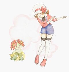 1girl :d asuka_rkgk bellossom blue_overalls blush bow brown_hair closed_eyes dancing gen_2_pokemon hands_up happy hat hat_bow highres long_hair lyra_(pokemon) nintendo open_mouth overalls pokemon pokemon_(creature) pokemon_hgss red_bow red_footwear shirt shoes smile thighhighs twintails white_hat white_thighhighs