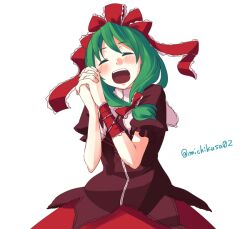 1girl arm_ribbon blush bow closed_eyes facing_viewer front_ponytail green_hair kagiyama_hina open_mouth red_bow red_ribbon red_shirt red_skirt ribbon shirt skirt solo takuzui touhou twitter_username white_background