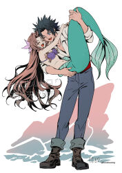 1boy 1girl aerith_gainsborough ariel_(disney) ariel_(disney)_(cosplay) bare_arms black_hair blue_pants brown_hair carrying closed_eyes cosplay couple crisis_core_final_fantasy_vii disney eric_(disney) eric_(disney)_(cosplay) final_fantasy final_fantasy_vii flower full_body hair_flower hair_ornament happy huosheanng long_hair looking_at_another mermaid monster_girl navel one_eye_closed open_mouth pants parted_bangs pink_flower princess_carry shell shell_bikini shirt smile spiked_hair standing stomach the_little_mermaid_(disney) twitter_username white_shirt zack_fair