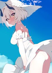 1girl absurdres ass bare_shoulders black_horns blue_archive blue_sky breasts closed_mouth cowboy_shot day dress dress_tug from_side halo hat highres horns large_breasts looking_at_viewer looking_to_the_side panties sena_(blue_archive) sena_(casual)_(blue_archive) short_hair sky sleeveless sleeveless_dress solo sun_hat sundress tonomiya68 underwear white_dress white_hair white_halo white_hat white_panties yellow_eyes