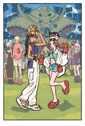 Rule 34 | 4boys, 5girls, amate yuzuriha, annqi, aqua eyes, bask om, beanie, big zam, black hair, border, braid, braided ponytail, casual, challia bull, char aznable, commentary request, conch, cup, deux murasame, full body, gates capa, grass, gundam, gundam gquuuuuux, haro, hat, highres, holding, holding cup, lalah sune, mecha, midriff, mobile armor, multiple boys, multiple girls, multiple others, non-humanoid robot, nyaan (gundam gquuuuuux), outdoors, pants, red hair, robot, sandals, short hair, sound effects, standing, standing on one leg, sunglasses, takeuchi ryousuke, tan, tank top, unworn eyewear, white border, white pants, yellow eyes, zeon