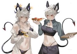1girl alternate_costume alternate_hair_length alternate_hairstyle bags_under_eyes bare_shoulders black_bra black_choker black_horns black_panties black_pants black_shirt black_tail bra breasts charismaing choker cleavage closed_mouth collarbone commentary crop_top cropped_jacket curled_horns demon_tail eating food grey_hair hair_between_eyes highres holding holding_food holding_pizza horns large_breasts long_hair looking_at_viewer mole mole_on_breast mole_under_eye multicolored_hair multiple_views navel open_clothes open_shirt panties pants pizza red_eyes shirt short_hair simple_background solo sparkle sparkling_aura stomach streaked_hair tail underwear white_background white_shirt wuthering_waves zani_(wuthering_waves)