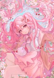1girl absurdly_long_hair akari_(akariimia) bag blue_sky bow bowtie brown_jacket cherry_blossoms collared_jacket collared_shirt commentary_request cowboy_shot day dot_nose eyelashes falling_petals flower frilled_shirt_collar frills hair_between_eyes hair_flower hair_ornament hair_ribbon handbag hatsune_miku head_tilt heart high-waist_skirt high_collar highres jacket jacket_partially_removed lapels long_hair long_sleeves looking_at_viewer miniskirt notched_lapels open_mouth outdoors petals pink_background pink_bow pink_bowtie pink_eyes pink_flower pink_hair pink_skirt pleated_skirt red_ribbon ribbon sakura_miku shirt sitting skirt sky smile solo spring_(season) tree twintails two-sided_fabric two-sided_jacket very_long_hair vocaloid white_shirt