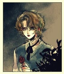 Rule 34 | 1boy, artist request, bad id, bad pixiv id, bishounen, blonde hair, blue eyes, dio brando, flower, jojo no kimyou na bouken, looking at viewer, lowres, phantom blood, phantom blood (movie), red flower, red rose, rose, solo
