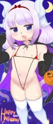 1girl absurdres black_cape black_one-piece_swimsuit black_thighhighs blue_eyes blush cape cleft_of_venus eyebrows eyelashes fangs feet_out_of_frame female_focus flat_chest gradient_hair hands_up happy_halloween highres hoshime kanna_kamui kobayashi-san_chi_no_maidragon loli long_hair moon multicolored_hair navel night night_sky nipples one-piece_swimsuit open_mouth outdoors pink_hair purple_cape purple_hair purple_sky pussy red_one-piece_swimsuit sky slingshot_swimsuit solo standing swimsuit thighhighs twintails two-tone_cape two-tone_hair two-tone_one-piece_swimsuit white_thighhighs
