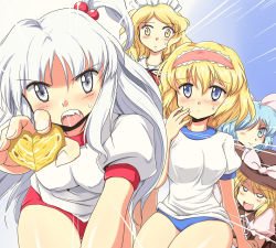 5girls alice_margatroid alternate_costume blonde_hair blue_eyes blue_hair blush bow breasts buruma dress female_focus flx food gym_uniform hair_bobbles hair_bow hair_ornament hair_ribbon heart long_hair looking_at_viewer mai_(touhou) maid maid_headdress multiple_girls mystic_square omelet open_mouth ribbon shinki_(touhou) short_hair side_ponytail silver_hair smile touhou touhou_(pc-98) witch yuki_(touhou) yumeko_(touhou)