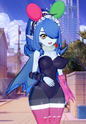1girl 3d appmon blue_hair chameleon cloud digimon dress female_focus long_hair mienumon nail_polish one_eye_covered puppet sky solo tiara yellow_eyes