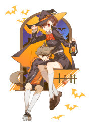 1boy 1girl absurdres amada_ken animal_ears bat_(animal) black_shoes black_skirt blush bow bowtie brown_eyes brown_hair cape corrupted_twitter_file eca_leaf gekkoukan_high_school_uniform hair_between_eyes hair_ornament hairclip halloween halloween_costume hand_on_headwear hat highres holding holding_lantern hood hood_down hoodie jacket kneehighs lantern loafers long_sleeves moon open_clothes open_jacket orange_hoodie persona persona_3 persona_3_portable red_bow red_bowtie red_eyes school_uniform shiomi_kotone shoes short_shorts shorts skirt smile sneakers socks tail white_shoes white_socks witch_hat