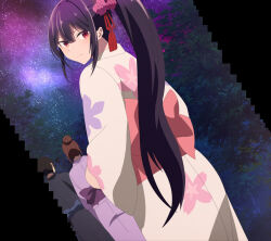Rule 34 | 1boy, 2girls, absurdres, anime screenshot, blush, closed mouth, dutch angle, floral print, floral print kimono, flower, from behind, hair flower, hair ornament, hair ribbon, haite kudasai takamine-san, high ponytail, highres, japanese clothes, kimono, long hair, looking at viewer, looking back, multiple girls, ponytail, print kimono, purple hair, red eyes, red ribbon, ribbon, sidelocks, smile, solo focus, stitched, takamine takane, third-party edit, very long hair, white kimono, yukata