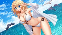 Rule 34 | 1girl, :d, animal, arm up, bare shoulders, bikini, bikini under clothes, bird, blonde hair, blue eyes, blue sky, blush, cloud, commentary, commission, day, dolphin, dutch angle, english commentary, front-tie bikini top, front-tie top, gluteal fold, hair between eyes, hair ornament, hairclip, highres, horizon, jacket, kazenokaze, leaning forward, long hair, looking at viewer, navel, ocean, off shoulder, open clothes, open jacket, open mouth, original, outdoors, side-tie bikini bottom, sky, smile, solo, sparkle, standing, swimsuit, v, v over eye, water, white bikini, white jacket