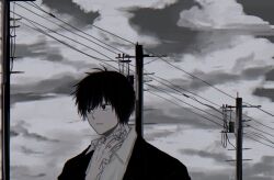 1boy arm_tattoo black_hair black_suit cloud cloudy_sky collared_shirt formal_clothes golden_spiral hand_tattoo nagumo_(sakamoto_days) neck_tattoo number_tattoo power_lines rokuen_skd sakamoto_days shirt sky suit tattoo white_shirt