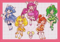 Rule 34 | 5girls, anklet, aoki reika, arm up, ascot, bag bow, blonde hair, blue bow, blue bowtie, blue choker, blue eyes, blue hair, blue shirt, blue shorts, blue skirt, blue wrist cuffs, blunt bangs, boots, border, bow, bowtie, bright pupils, brooch, candy (smile precure!), choker, circlet, clenched hand, clenched hands, closed mouth, coattails, cosmetics, cure beauty, cure happy, cure march, cure peace, cure sunny, deformed, dot nose, dotted line, eyelashes, feather-trimmed sleeves, feather sleeves, footwear bow, footwear ribbon, frilled skirt, frilled sleeves, frills, full body, gold tiara, green ascot, green bow, green bowtie, green choker, green eyes, green hair, green ribbon, green shirt, green shorts, green skirt, green wrist cuffs, grey background, grid background, hair between eyes, hair bun, hair ornament, hair tubes, hands on own hips, happy, high heel boots, high heels, high ponytail, highres, hino akane (smile precure!), hoshizora miyuki, jewelry, kise yayoi, knee boots, leg up, long hair, long sidelocks, looking at viewer, low twintails, magical girl, medium hair, midorikawa nao, mini tiara, miniskirt, multiple girls, open mouth, orange bow, orange hair, orange skirt, orange wrist cuffs, outline, outside border, outstretched arms, pink border, pink bow, pink bowtie, pink eyes, pink hair, pink ribbon, pink shirt, pink shorts, pink skirt, pink wrist cuffs, pleated skirt, ponytail, precure, red bow, red bowtie, red choker, red eyes, red ribbon, red shorts, ribbon, ribbon legwear, shirt, short sleeves, shorts, shorts under skirt, sidelocks, signature, single hair bun, single stripe, skirt, skirt set, smile, smile precure!, standing, striped bow, tareme, teeth, thigh boots, tiara, train (clothing), twintails, twintails with hair base, upper teeth only, uwded 207, v, very long hair, waist bag, white arm warmers, white bag, white boots, white outline, white pupils, white sleeves, wing hair ornament, wrist cuffs, yellow ascot, yellow choker, yellow eyes, yellow shirt, yellow skirt