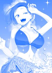 1girl bikini blue_theme breasts cleavage getsuyoubi_no_tawawa hair_ornament hair_scrunchie highres himura_kiseki kouhai-chan_(tawawa) large_breasts mole mole_under_eye navel open_mouth sarong scrunchie short_hair sparkle splashing swimsuit water