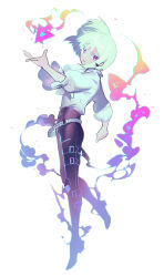 1boy androgynous ascot belt black_boots black_pants boots colored_eyelashes fire green_hair highres km_(ksolee1201) leg_belt light_smile lio_fotia long_sleeves looking_at_viewer male_focus multiple_belts pants promare purple_eyes shirt shirt_tucked_in short_hair simple_background solo thigh_belt thigh_strap white_ascot white_background white_shirt