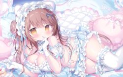 1girl bare_shoulders blush bow bra breasts brown_eyes cleavage frills gloves hair_bun hair_ornament headdress large_breasts long_hair lying navel on_side open_mouth original pillow skirt solo stomach thighhighs tsukimi_mumi underwear white_bra white_gloves white_thighhighs yellow_eyes