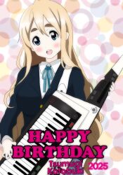 Rule 34 | 1girl, 2025, blonde hair, blue eyes, blue ribbon, blush, breasts, bubble background, character name, happy, happy birthday, highres, instrument, k-on!, keyboard (instrument), kotobuki tsumugi, long hair, looking at viewer, mi5e4rzz, music, playing instrument, ribbon, sakuragaoka high school uniform, school uniform