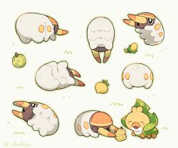 :3 ^_^ akadako animal_focus artist_name aspear_berry berry_(pokemon) black_eyes bright_pupils closed_eyes fangs from_behind from_below full_body gen_5_pokemon gen_7_pokemon green_outline grepa_berry grubbin happy looking_at_viewer looking_back lying multiple_views nintendo no_humans on_back open_mouth outline pokemon pokemon_(creature) sewaddle signature sitrus_berry smile twitter_username wacan_berry white_background white_pupils