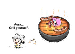 2girls :3 =_= aura_(sousou_no_frieren) balance_scale capelet chibi chibi_only commentary cooking crying demon_girl demon_horns dress duckmeat_woohoo elf english_commentary english_text food frieren full_body grey_hair grill grilling highres horns lying multiple_girls on_back parted_bangs pointy_ears purple_hair sausage simple_background sousou_no_frieren twintails variant_set weighing_scale white_background white_capelet white_dress