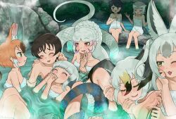 1boy 6+girls animal_ears bare_shoulders bathing black-tailed_gull_(kemono_friends) blunt_bangs blush brown_hair byakuda_(kemono_friends) covering_privates dhole_(kemono_friends) dog_ears dog_girl dog_tail extra_ears harem highres jealous kedama_(ughugjydthjdf) kemono_friends kemono_friends_3 komodo_dragon_(kemono_friends) long_hair meerkat_(kemono_friends) meerkat_ears meerkat_tail mixed-sex_bathing multicolored_hair multiple_girls naked_towel nude_cover onsen open_mouth partially_submerged pink_hair red_eyes shared_bathing short_hair sidelocks smile snake_girl snake_tail snowshoe_hare_(kemono_friends) soaking_feet steam tail towel two-tone_hair very_long_tail white_hair
