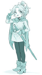 1girl :d blue_theme boots bow cape commentary_request dragon_quest dragon_quest_ii full_body gloves hair_bow hand_up holding holding_sword holding_weapon long_sleeves looking_at_viewer monochrome open_mouth pantyhose parted_bangs ponsuke_(pon00000) ponytail princess_of_samantoria shirt short_hair skirt smile solo standing sword v weapon