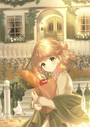 1girl animal animal_on_shoulder apple bag baguette bird bird_on_shoulder blonde_hair blush bottle bread brick_wall commentary day door dress duck duckling flower food fruit green_eyes grocery_bag hair_up handrail head_tilt hedge highres holding holding_bag house ivy kompeitou_(lemon_garden) lens_flare long_sleeves looking_at_viewer milk_bottle original outdoors planter sconce sett shawl shopping_bag short_hair smile solo stairs standing upper_body white_dress white_flower window window_shutter